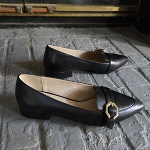 Cole Haan Leela Leather Skimmer Flat Shoes Buckle Strap Black Sz 7 1/2